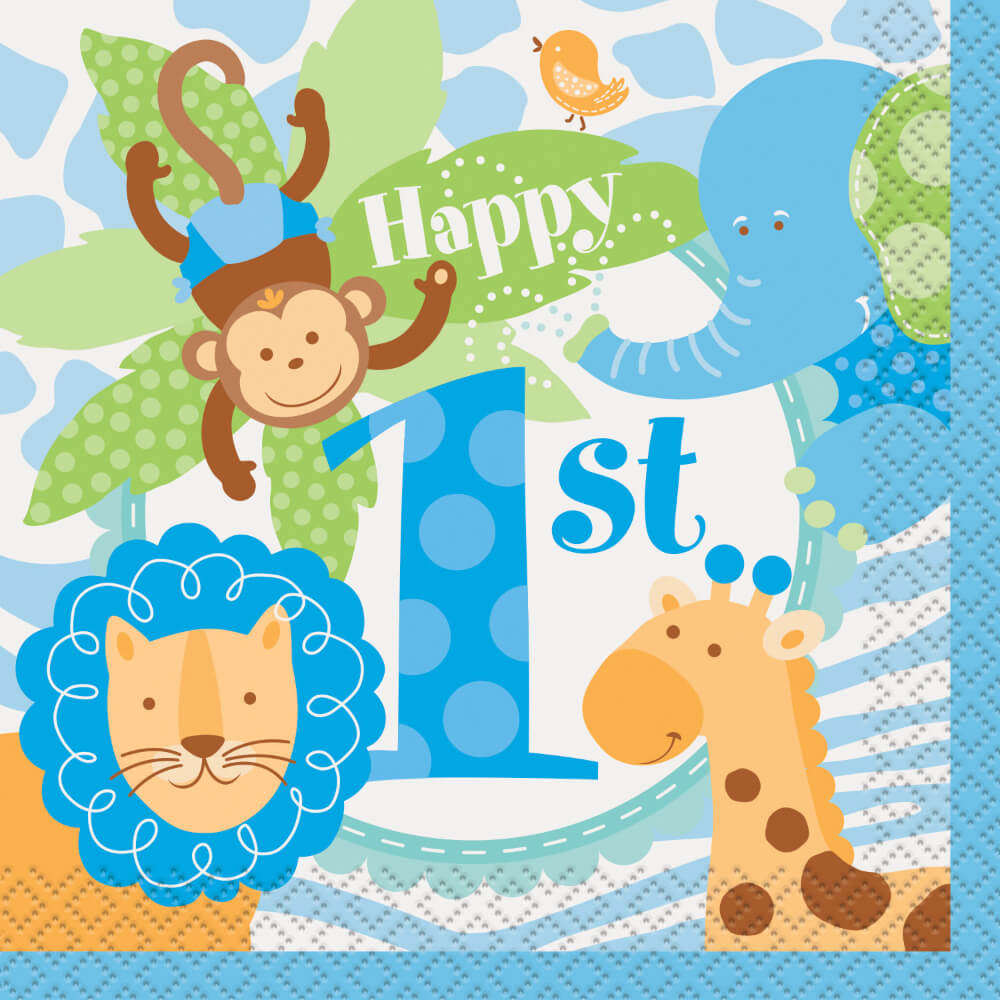 Blue Safari 1st Birthday Beverage Napkins, 24ct 