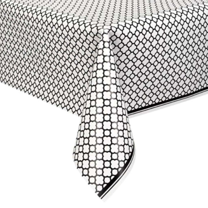 Rectangular Tablecover 54in x 108in, Black Quatrefoil 
