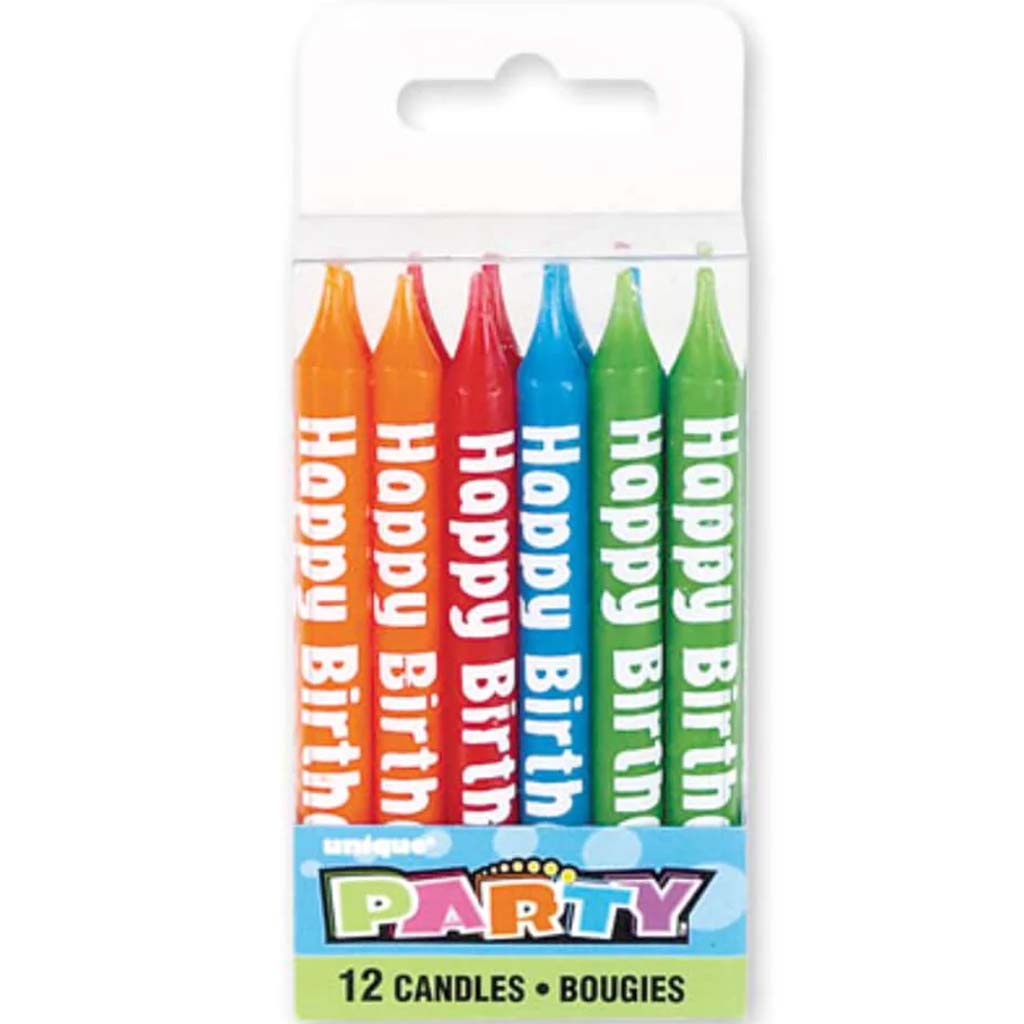 Happy Birthday Print Candles 4in, 12ct 