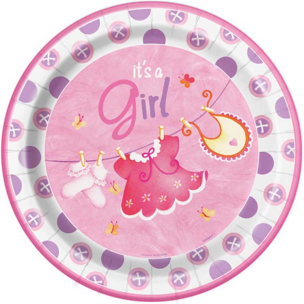 Round Dinner Plates 9in 8ct, Pink Clothesline Baby Shower 