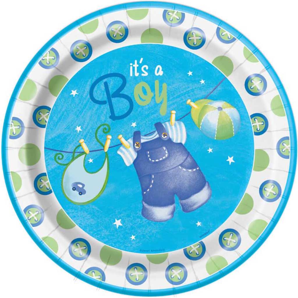 Round Dinner Plates 9in 8ct, Blue Clothesline Baby Shower 