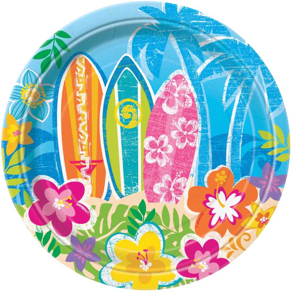 Round Dessert Plates 7in 8ct, Hula Beach Party 