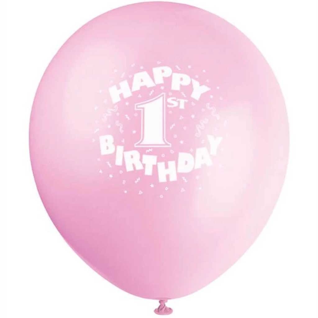 Latex Balloons 12in 6ct, Happy 1st Birthday Pink 