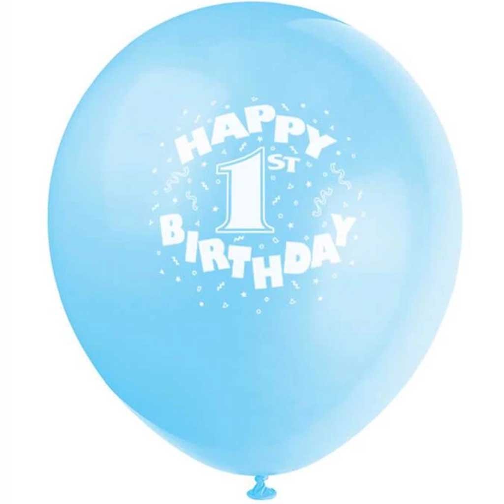 Latex Balloons 12in 6ct, Happy 1st Birthday Blue 