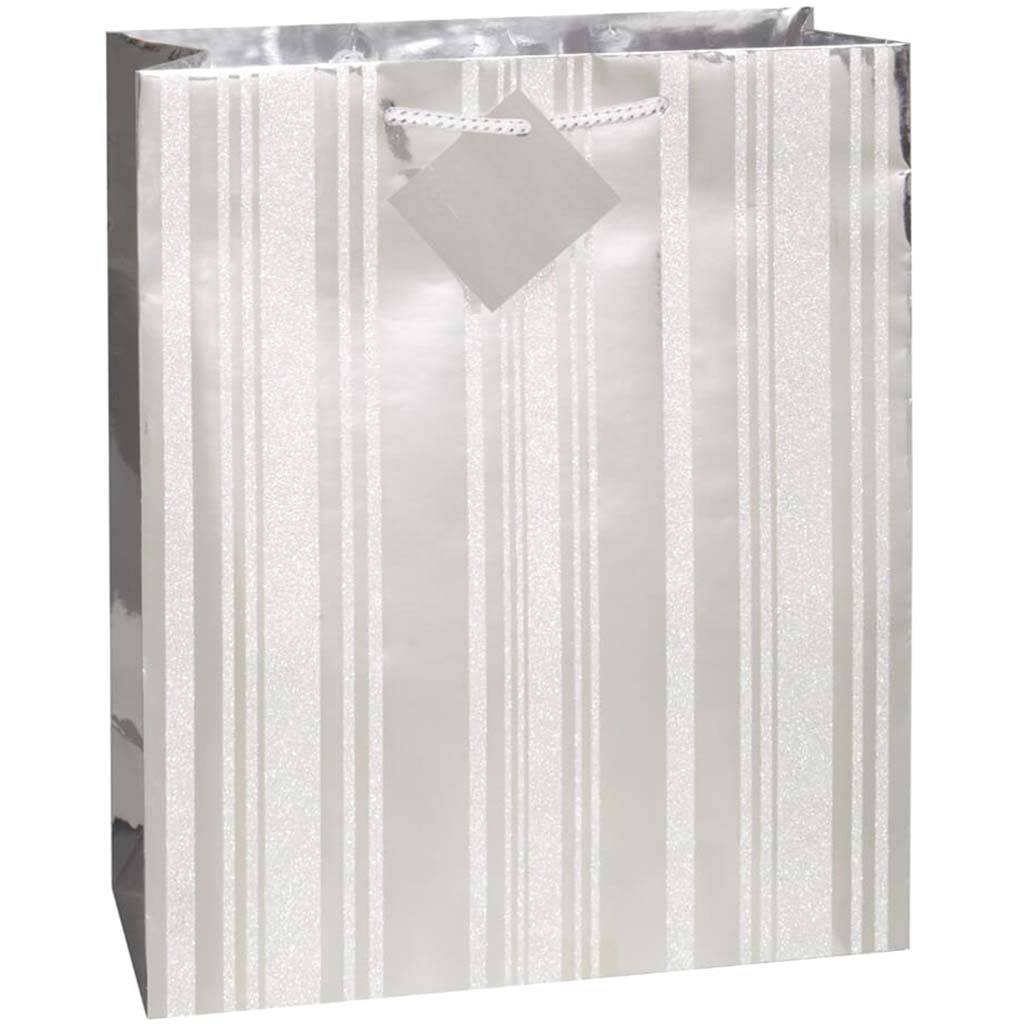 Gift Bag, Silver Glitter Striped 