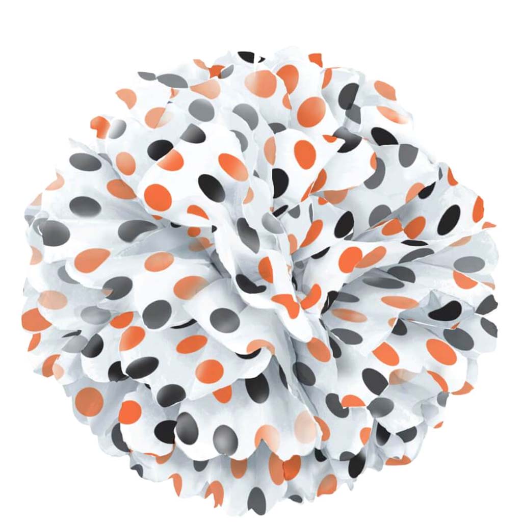 Tissue Pom Pom 14in, Black &amp; Orange Dots 