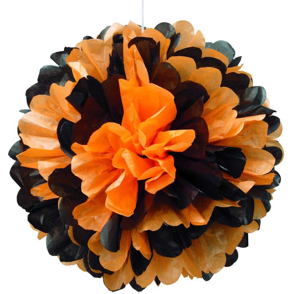 Tissue Pom Pom 14in, Black &amp; Orange 