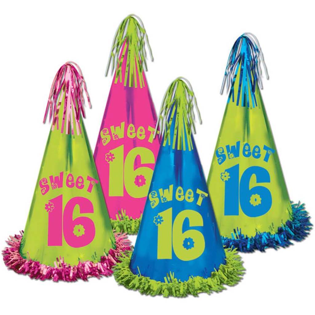 Fringed Foil Sweet 16 Party Hats 