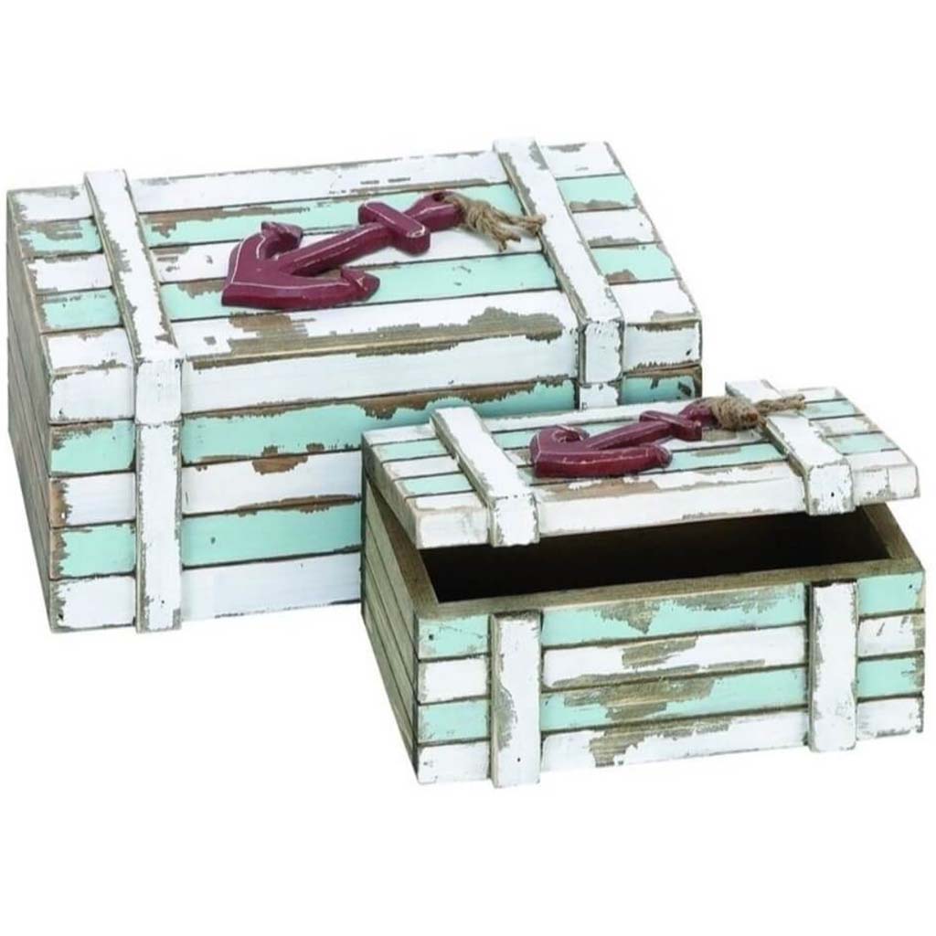 Benzara Wood Box Nautical Maritime Decor, 10-Inch by 7-Inch, Set of 2