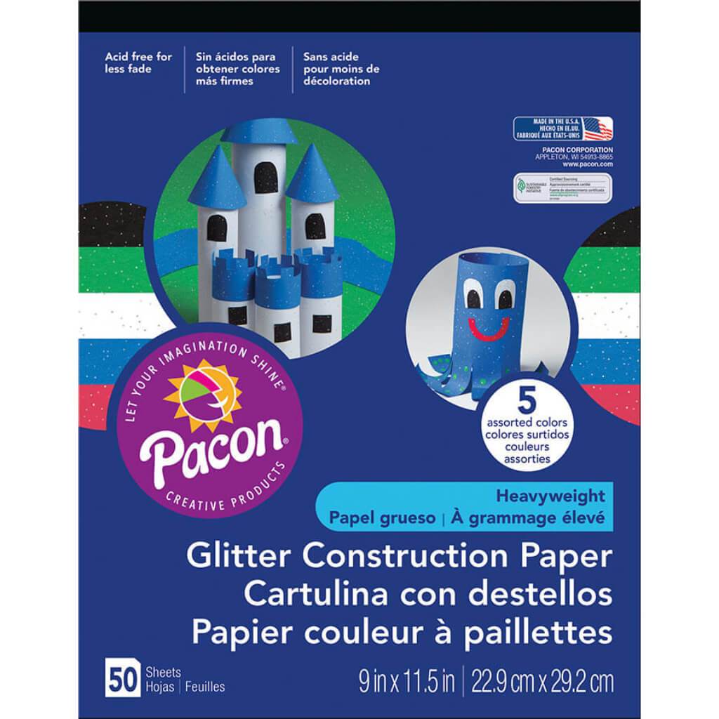 Glitter Construction Paper Pad 5 Assorted Colors 9in x 11.5in 50 Sheets