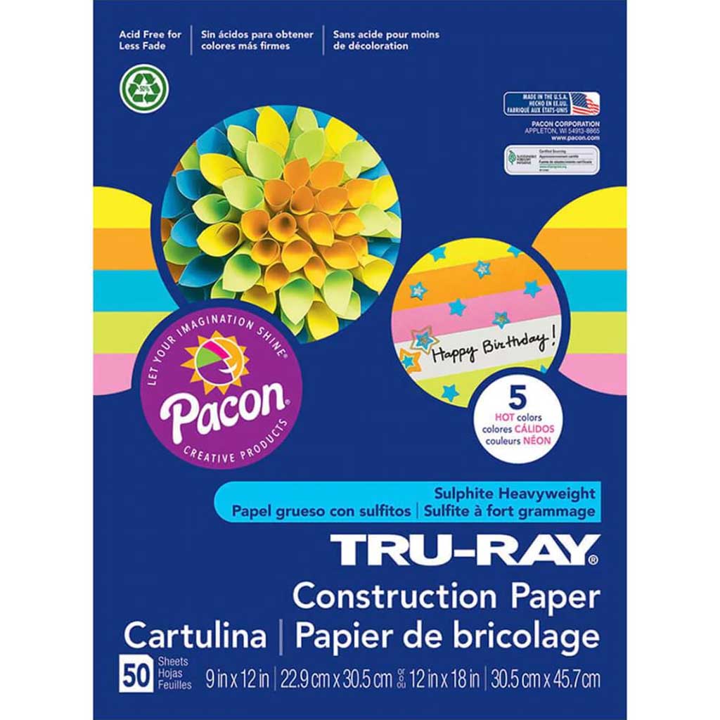 Tru-Ray Construction Paper 9in x 12in 5 Assorted Hot Colors