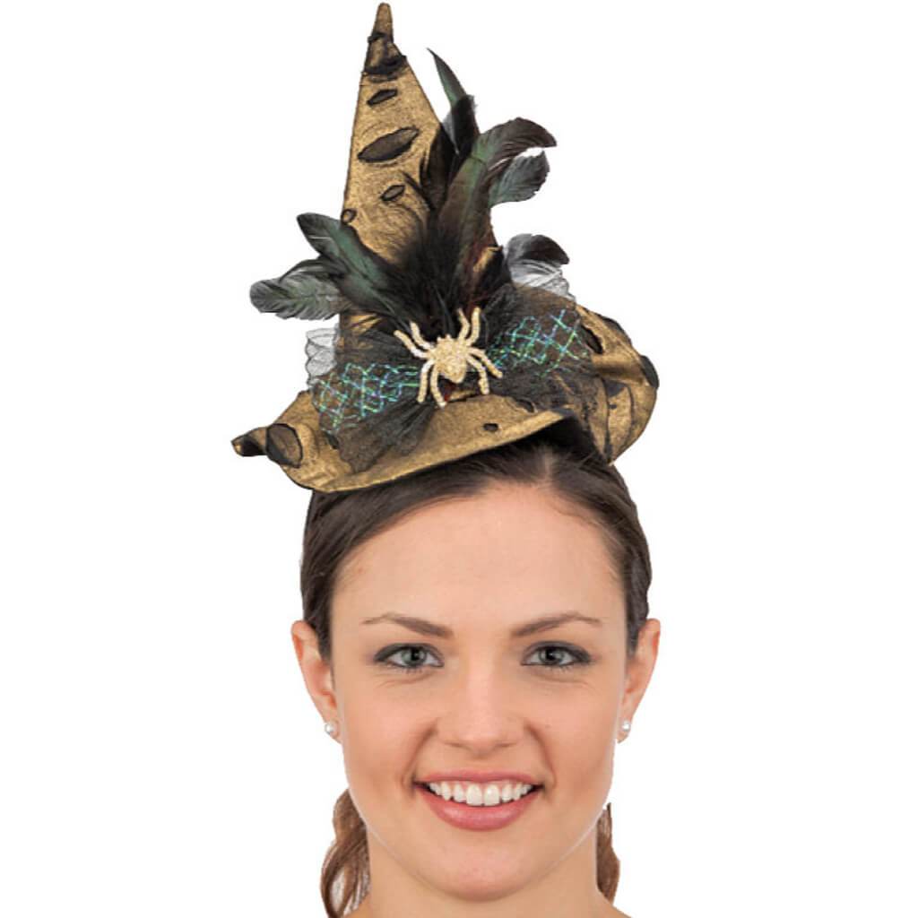 Mini Gold Witch Hat with Gold Glitter Spider, Feathers &amp; Bow 