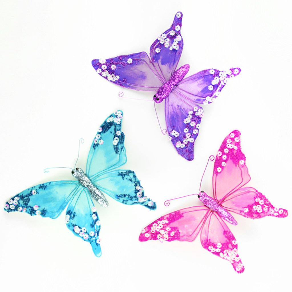 Fabric Butterfly Air Brush W/Beads And Flower Seq On Clip 