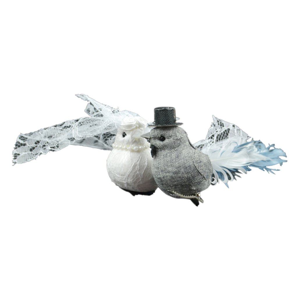 Fancy Wedding Bird Set 6.75in Gray/White On Clip 1Pc 