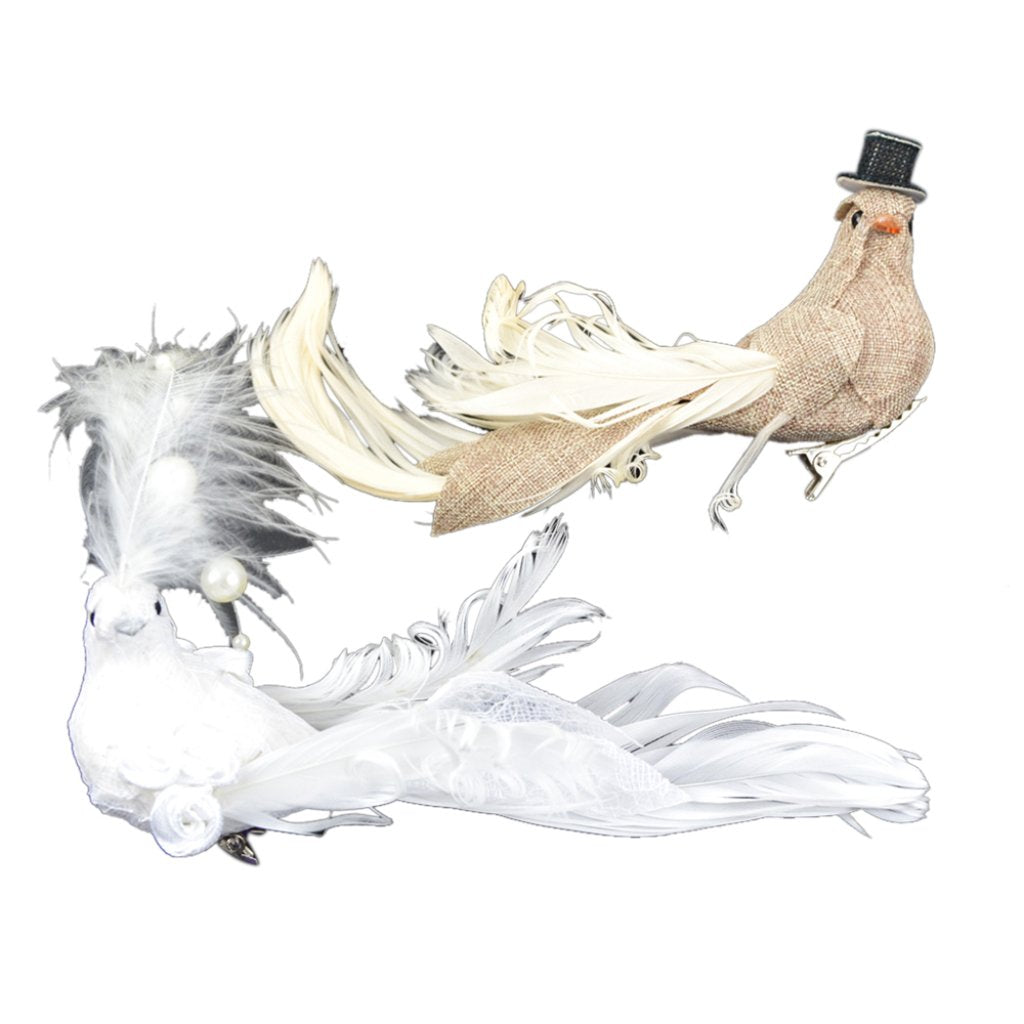 Fancy Linen Wedding Bird Set 5.5in Tan &amp; White On A Clip 2Pc 