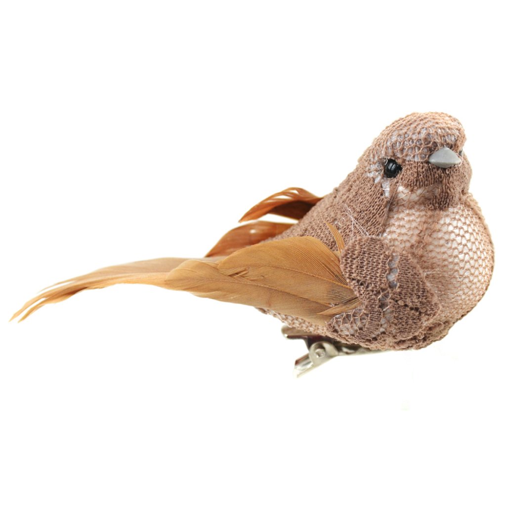 Brown Lace And Feather Bird With Clip 3in 1Pc 