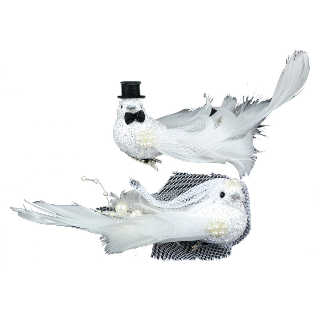 White Wedding Bird Couple 6in On A Clip 2Pc 