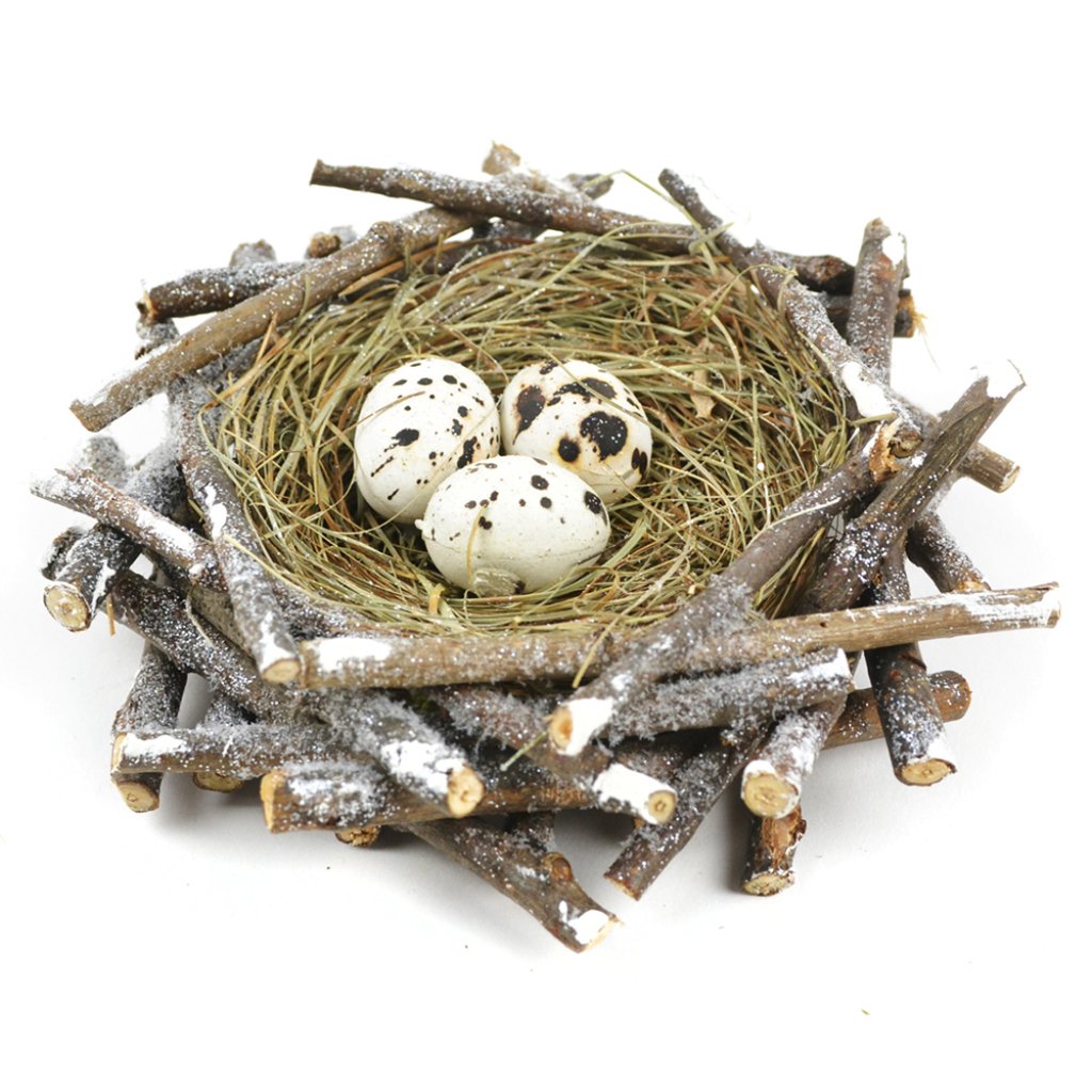 Artificial Flocked Twig And Grass Nest With 3 Eggs 6in 