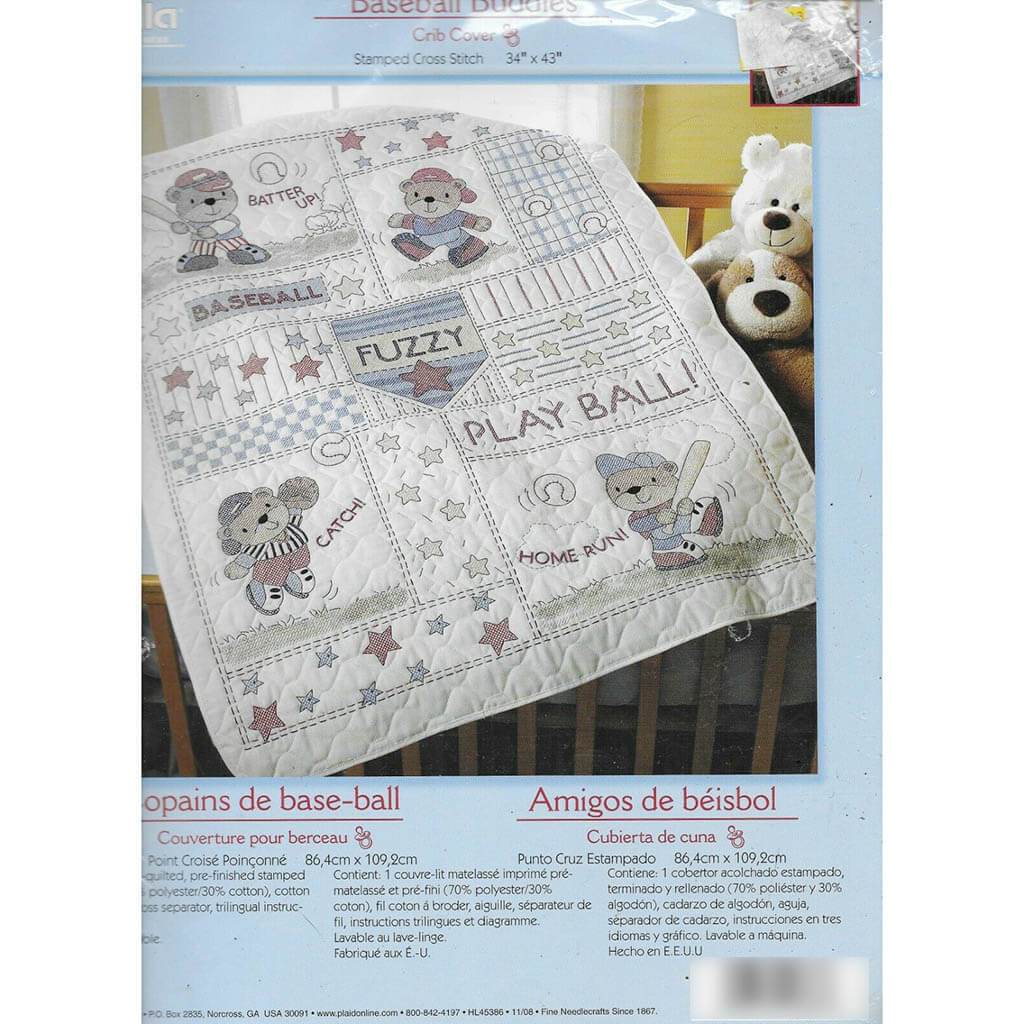 Baseball Buddies Crib Cover 34in x 43in Stamped Cross Stitch Kit