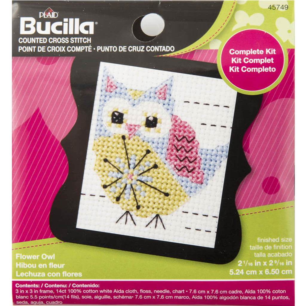 Beginner Minis Counted Cross Stitch Kit 3in x 3in Flower Owl 14ct