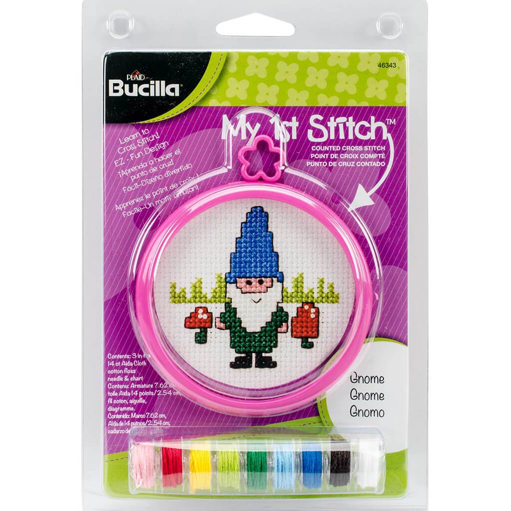 My 1st Stitch Gnome Mini Counted Cross Stitch Kit 3in Round 14ct