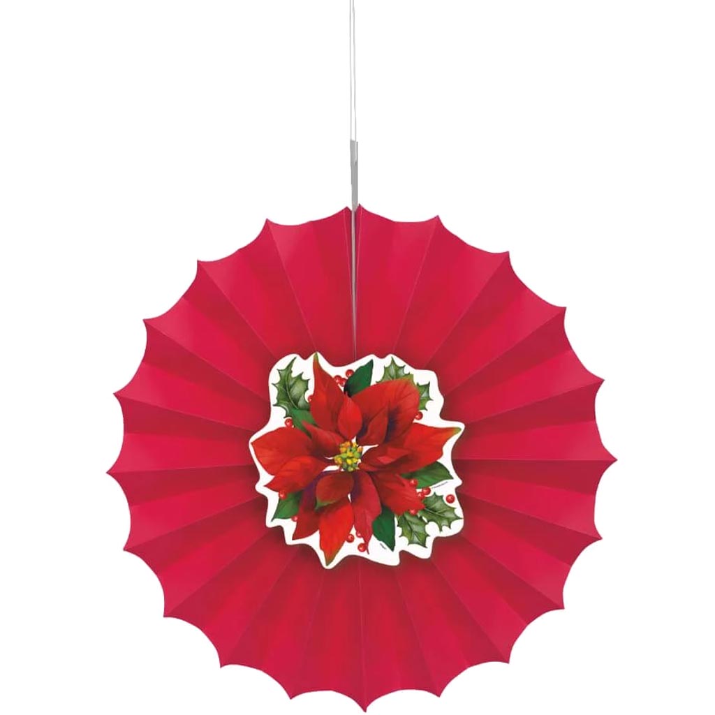 Paper Fan 12in, Holly Poinsettia 