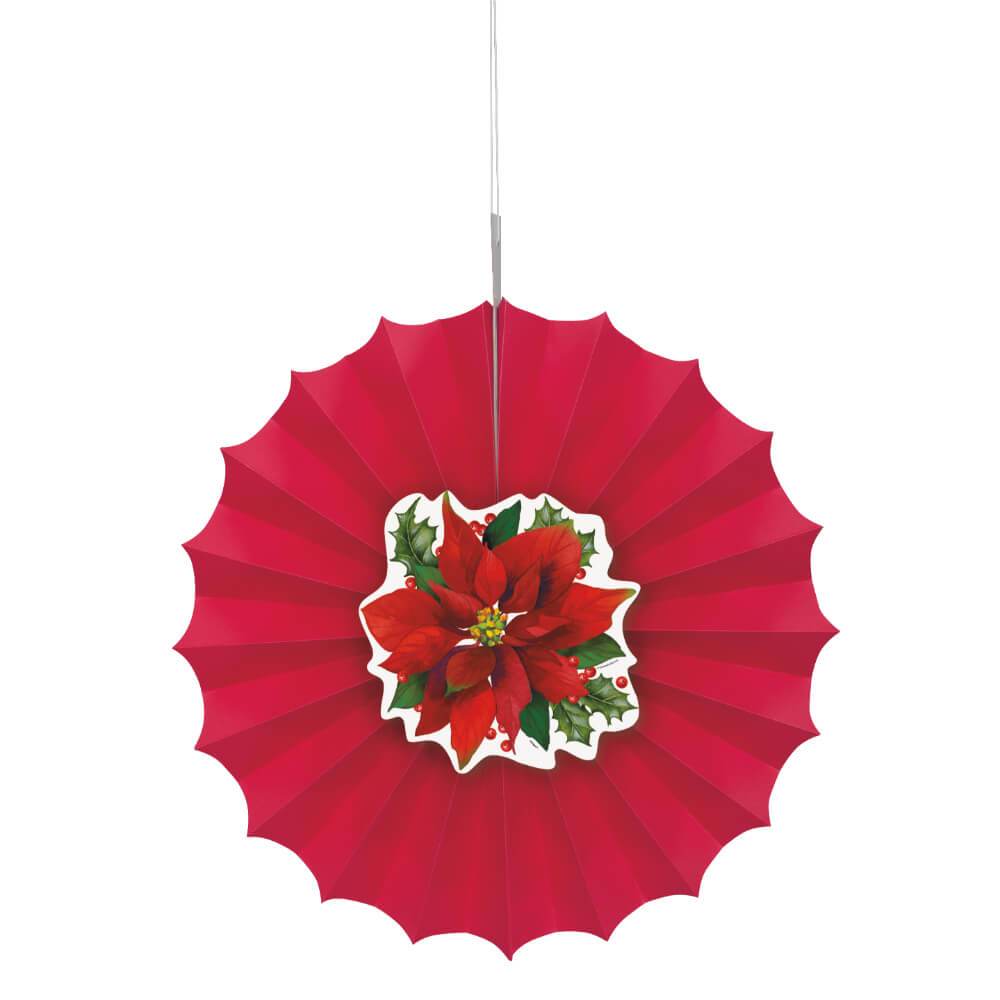 Paper Fan 12in, Holly Poinsettia