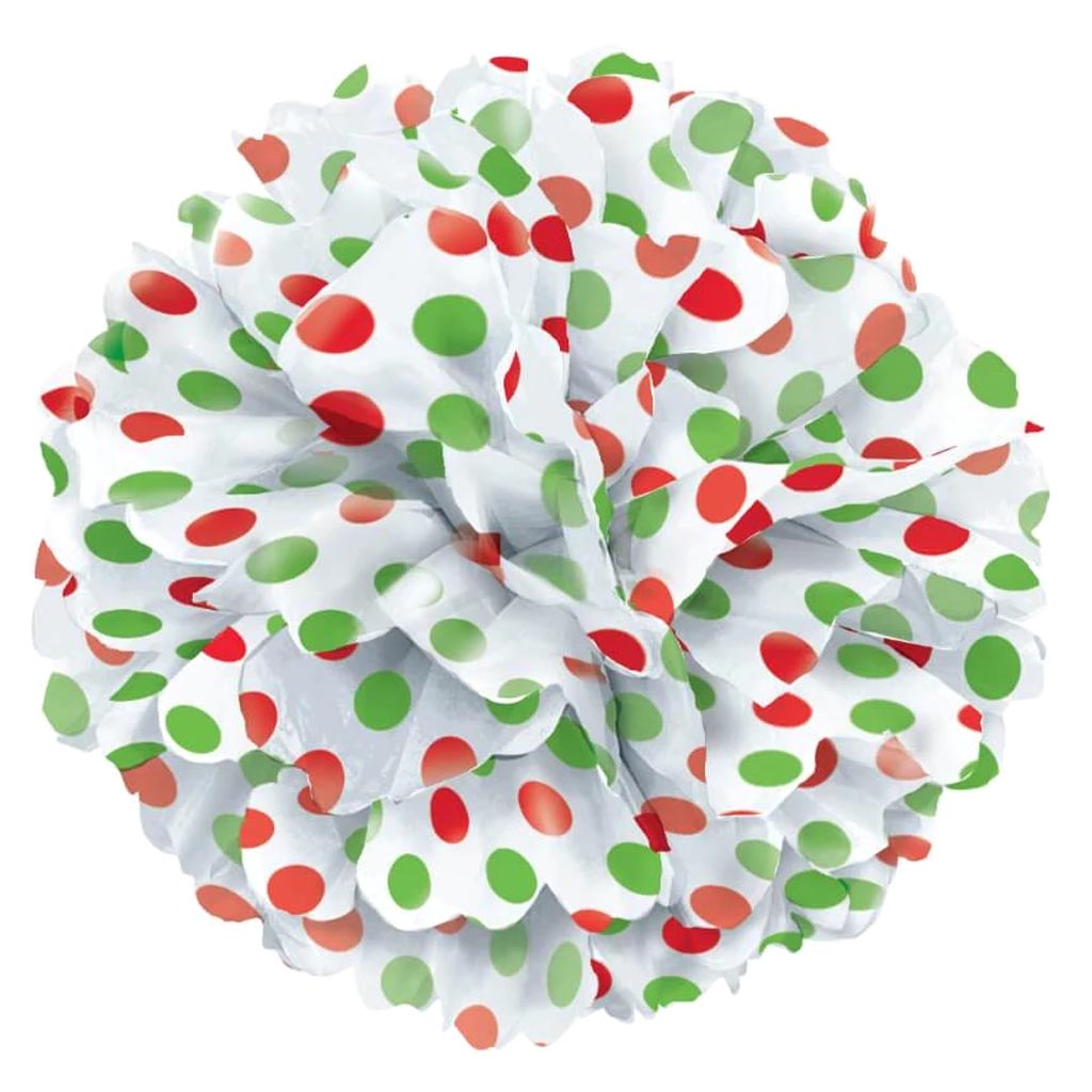 Tissue Pom Pom 14in, Red &amp; Green Dots 