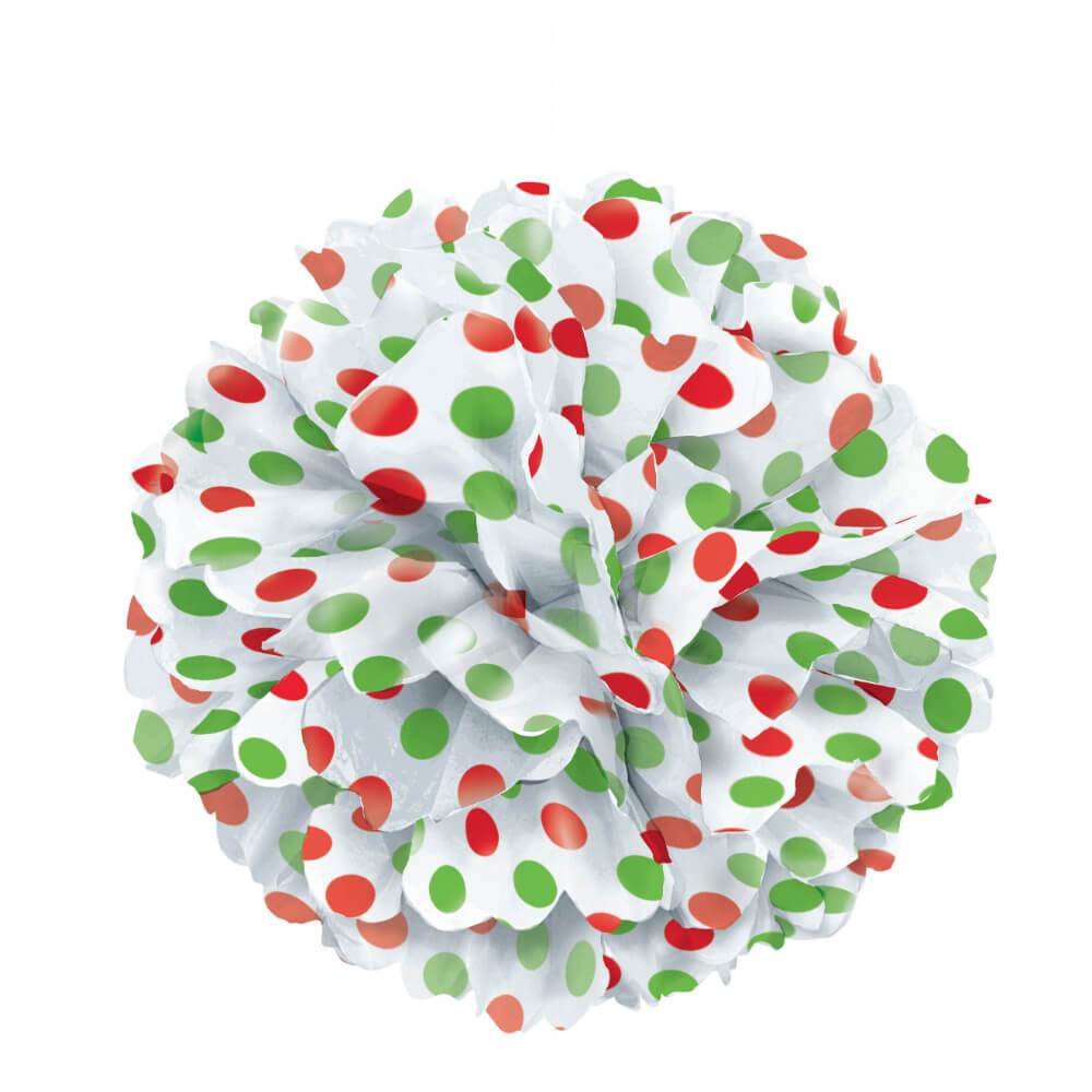 Tissue Pom Pom 14in, Red & Green Dots 