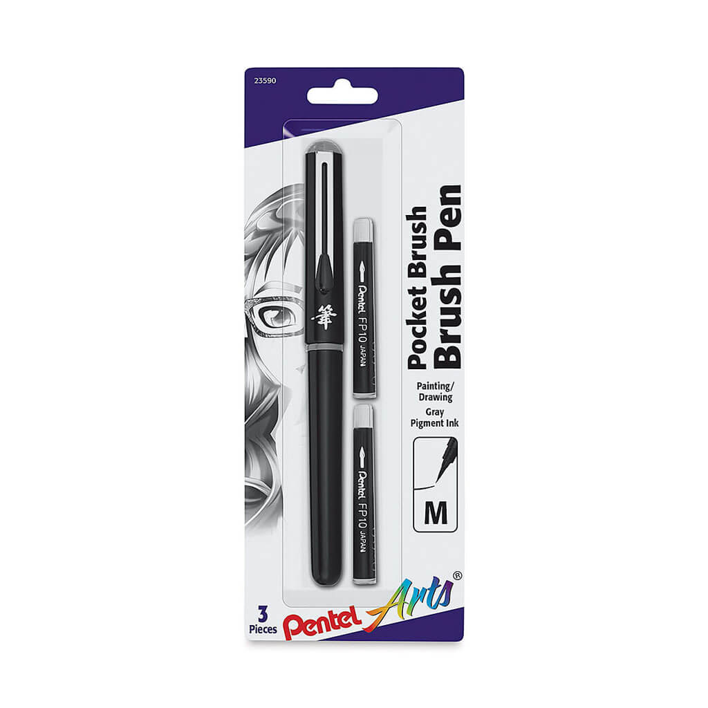 Pentel Pocket Brush Pen with 2 Refills Black