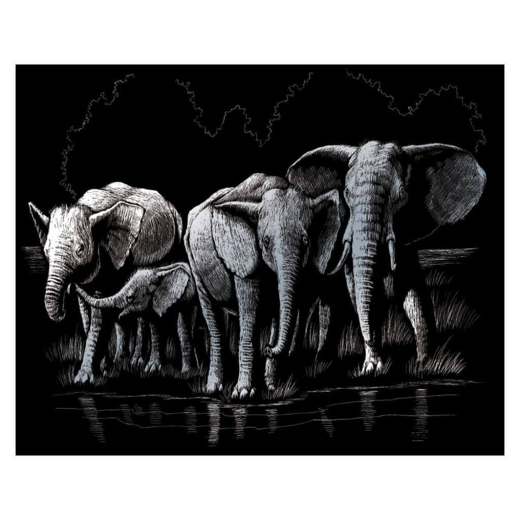 Engraving Art Silver Foil Set Elephant Herd 