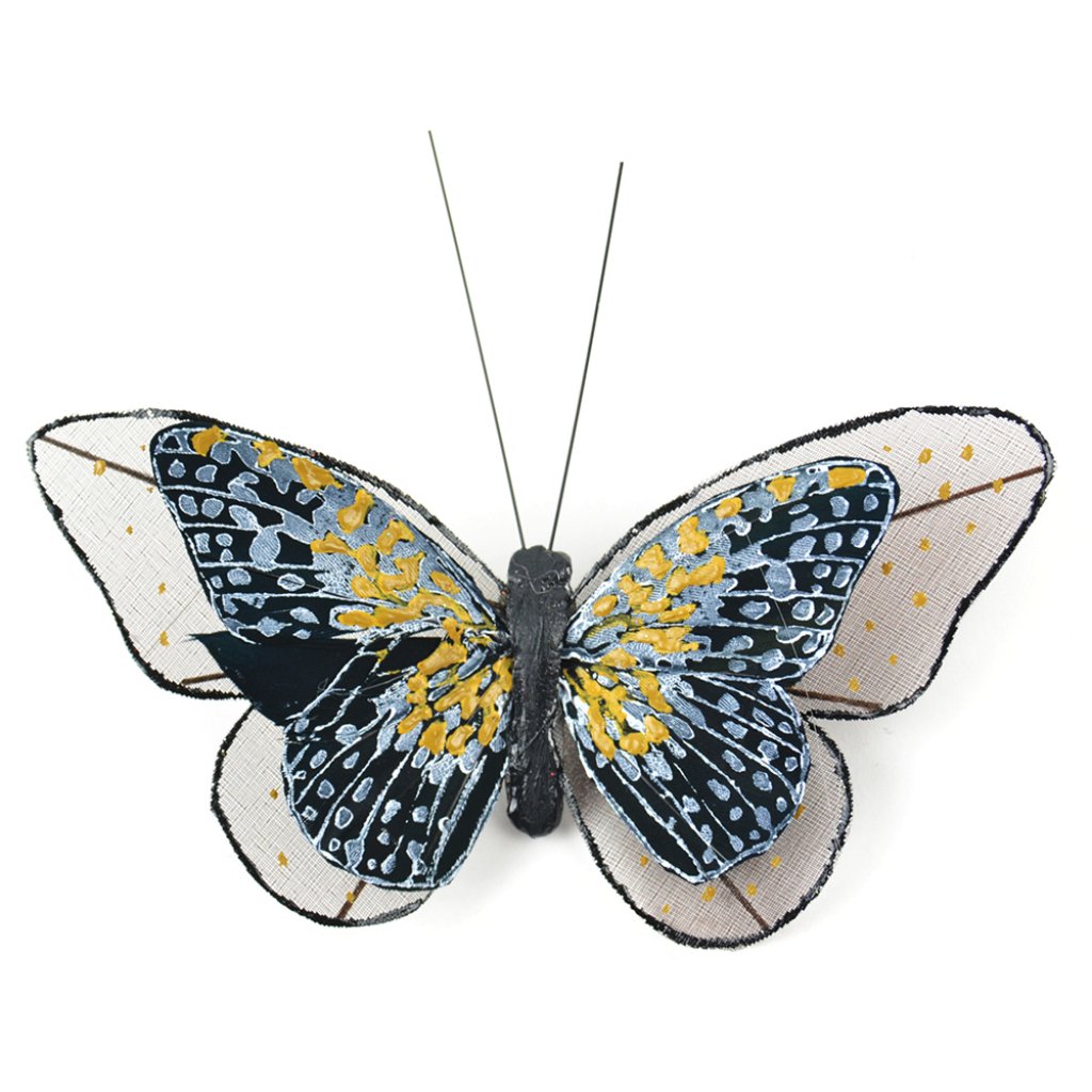 Mesh And Feather Butterfly Black 5.25in On A Clip, 1Pc 