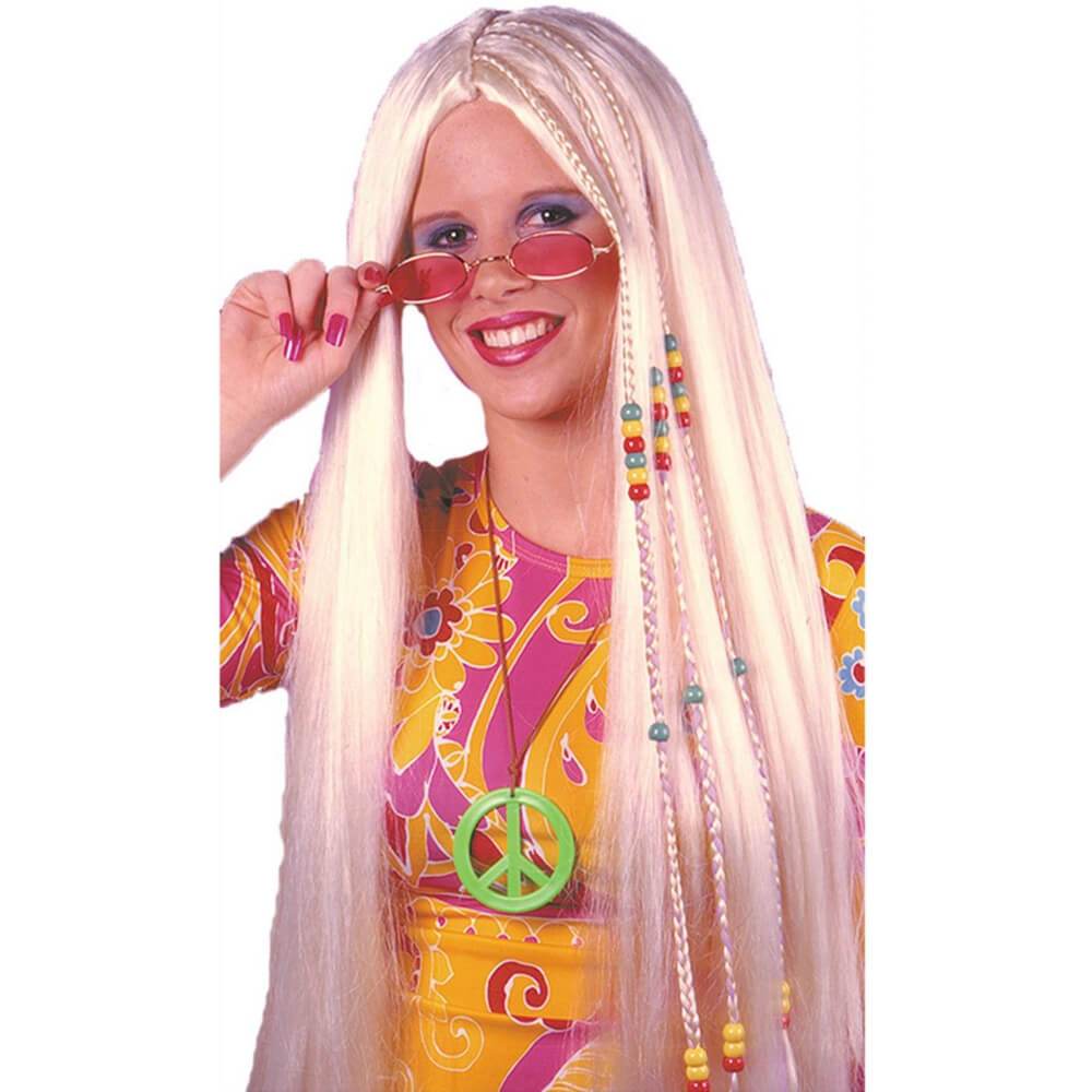 Blonde Long Wig Hippie Hair 60s Braided Beads 