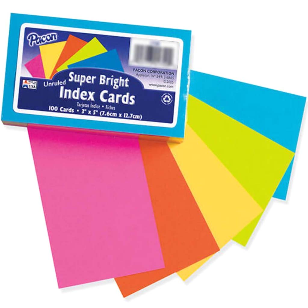 Index Card 3in x 5in Super Bright Assorted Colors 100pcs