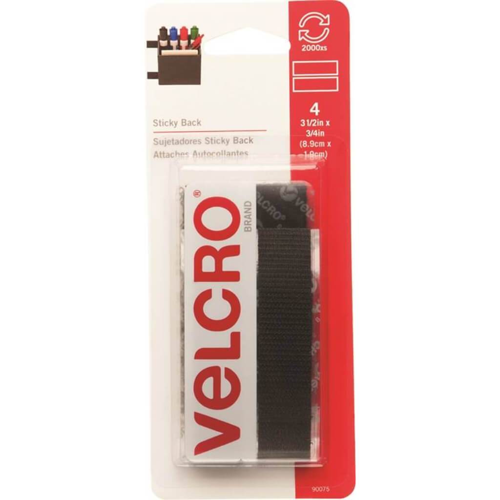 Velcro Brand Sticky Back Tape .75in x 3.5in Black Set of 4