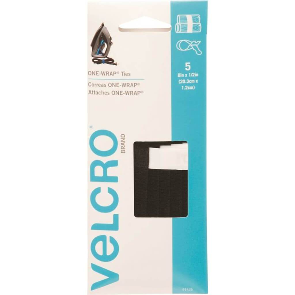 Velcro One Wrap Straps Black Cable Wrap Straps Pack of 5 8in x 1/2in