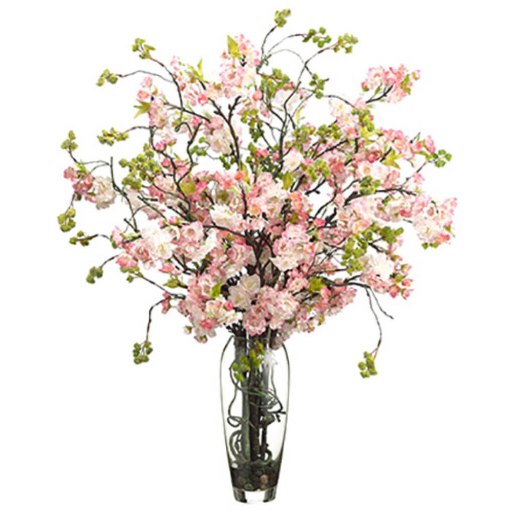 Cherry Blossom in Glass Vase Pink Green 35inH x 30inW x 30inL 