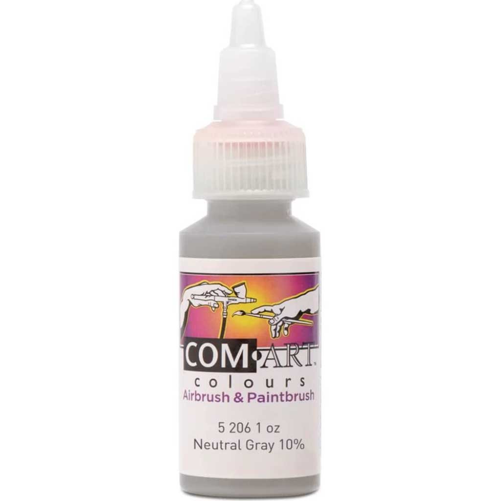 Com Art Colours Water-Based Acrylic Opaque Neutral Gray 10% 1oz For Airbrush And Paintbrush 