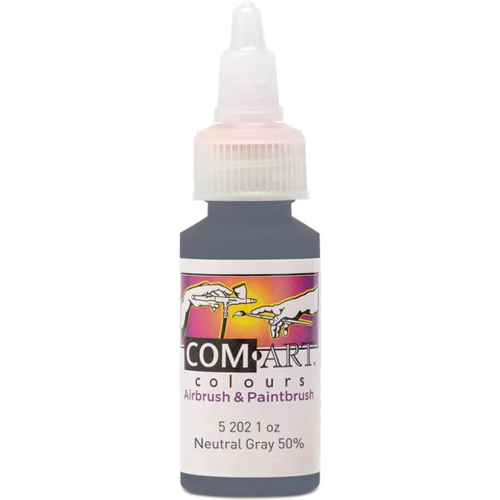 Com Art Colours Water-Based Acrylic Opaque Neutral Gray 50% 1oz For Airbrush And Paintbrush