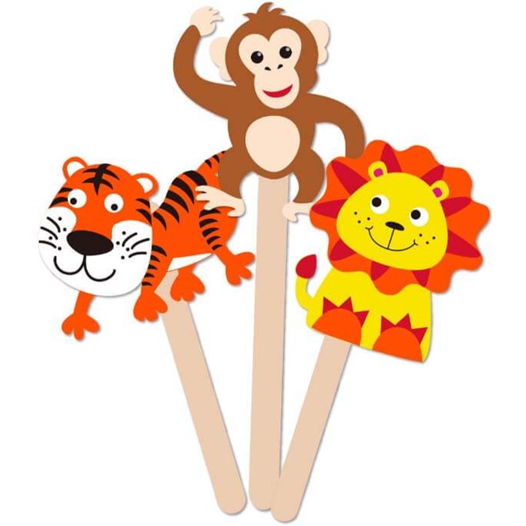 KRAFTY KIDS KIT DIY FOAM CHAR STICK PUPPETS X3 JUNGLE 