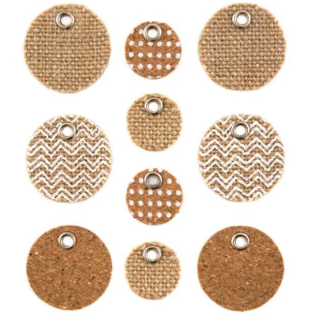 BURLAP &amp; CORK TAG MEDLEY SELF-ADHESIVE ROUND 