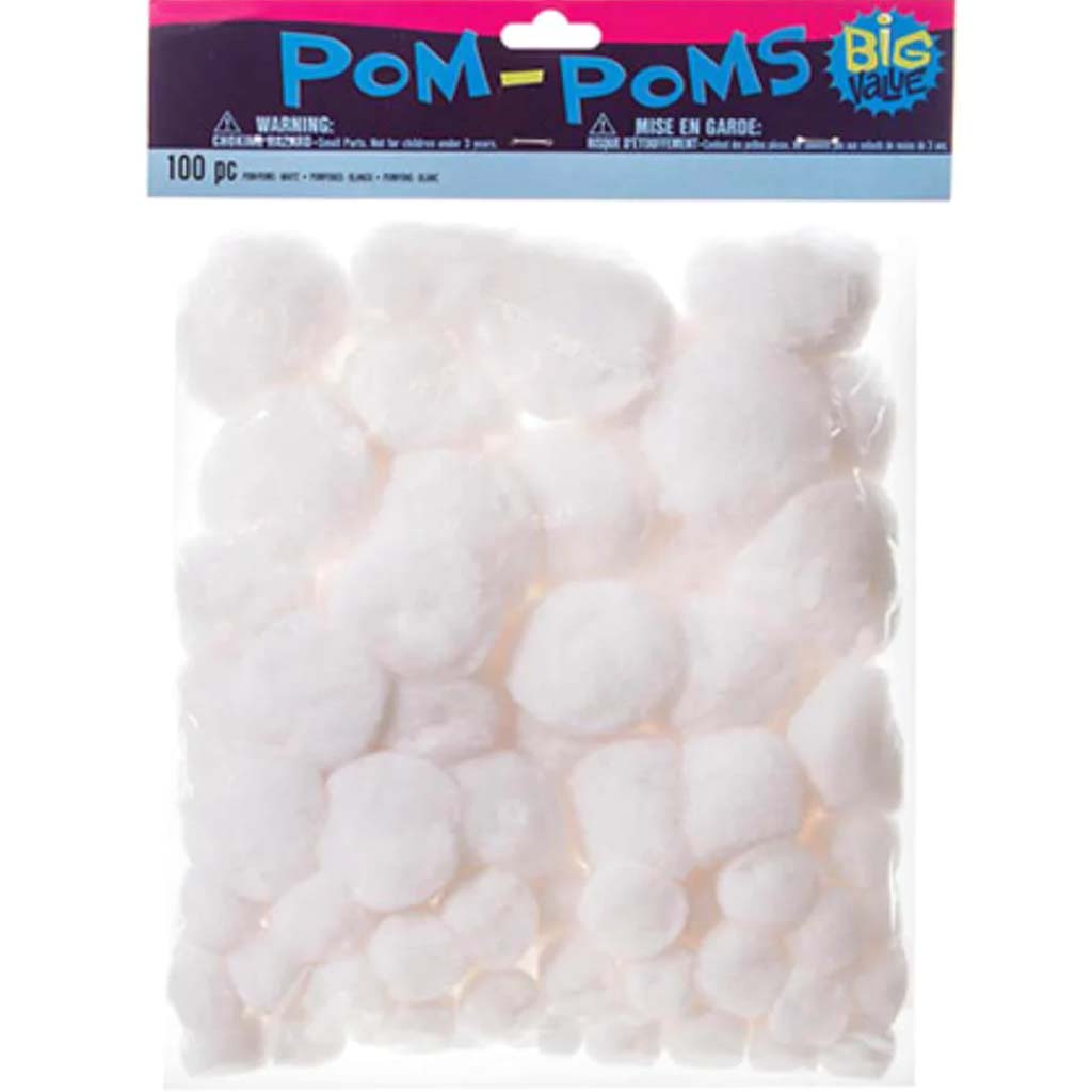 Acrylic Pom-Poms White Assortedt 100pcs 