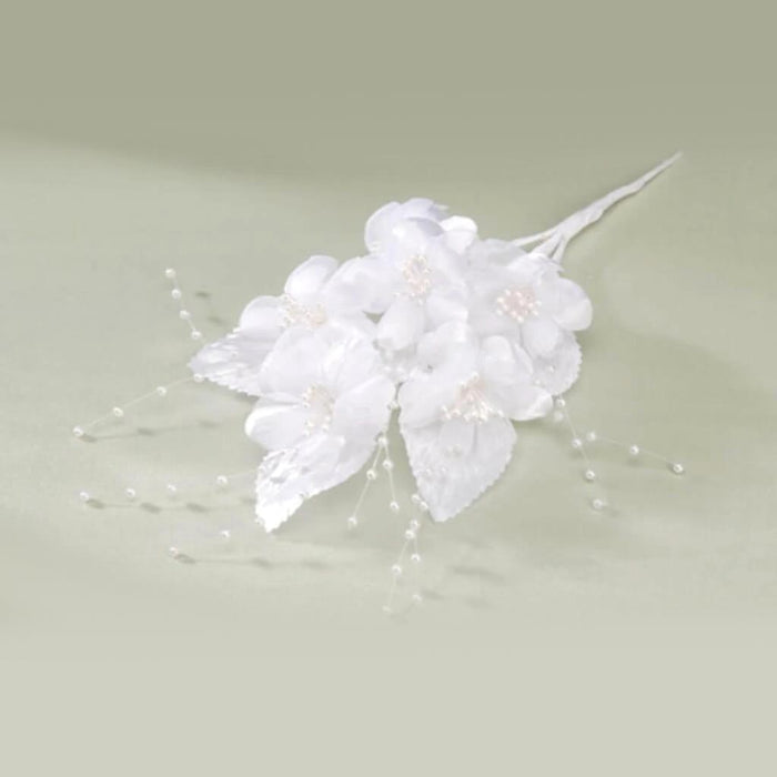 6 Flower Spray with Pearl Centers and Leaves White 