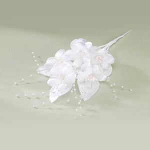 6 Flower Spray with Pearl Centers and Leaves White 