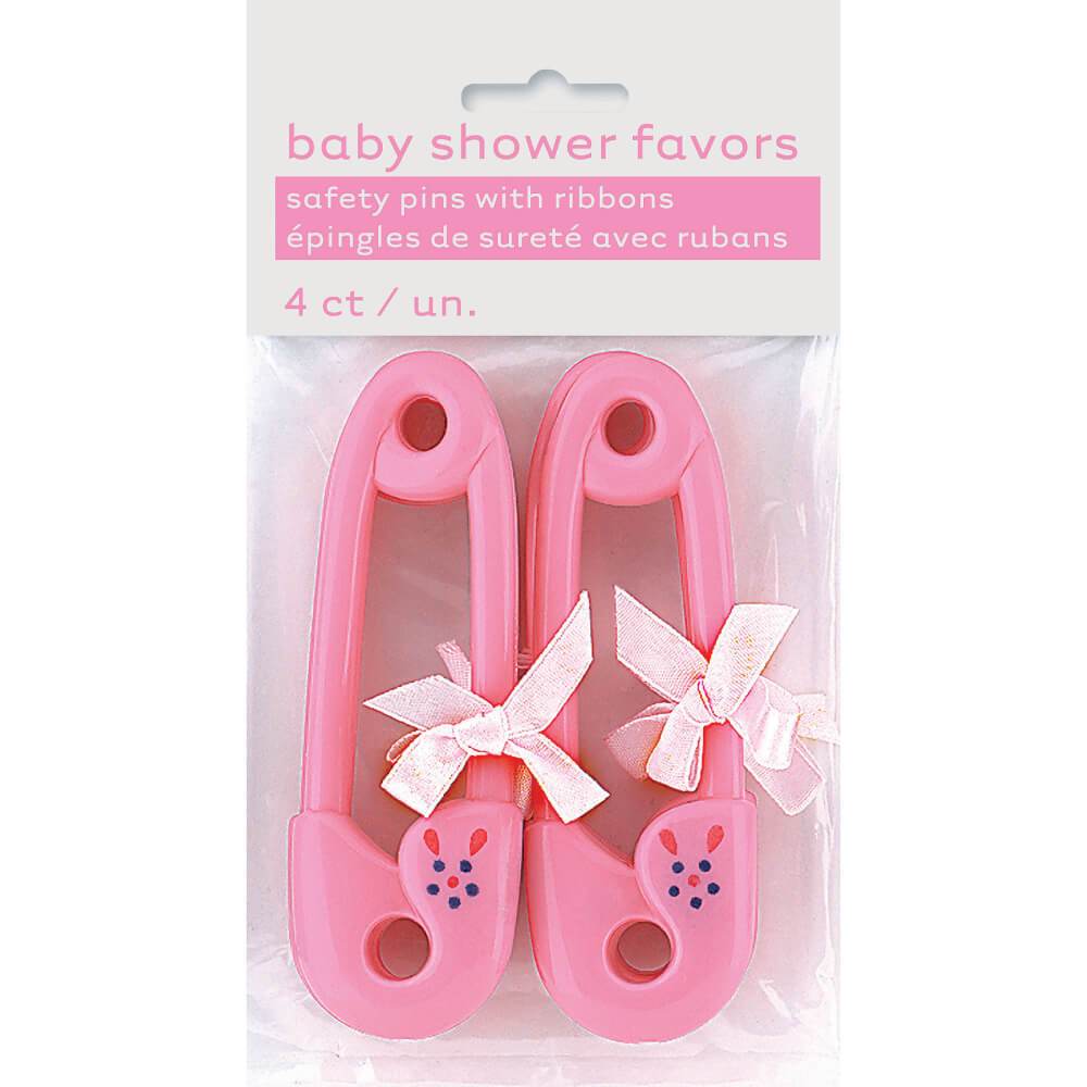 Baby Pink Plastic Safety Pins with Ribbon Favors X4