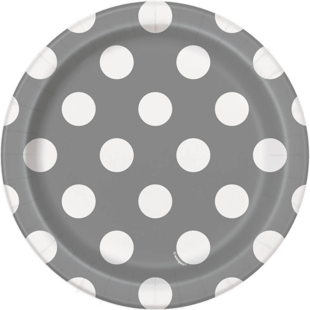 Round Dessert Plates 7in 8ct, Silver Dots 