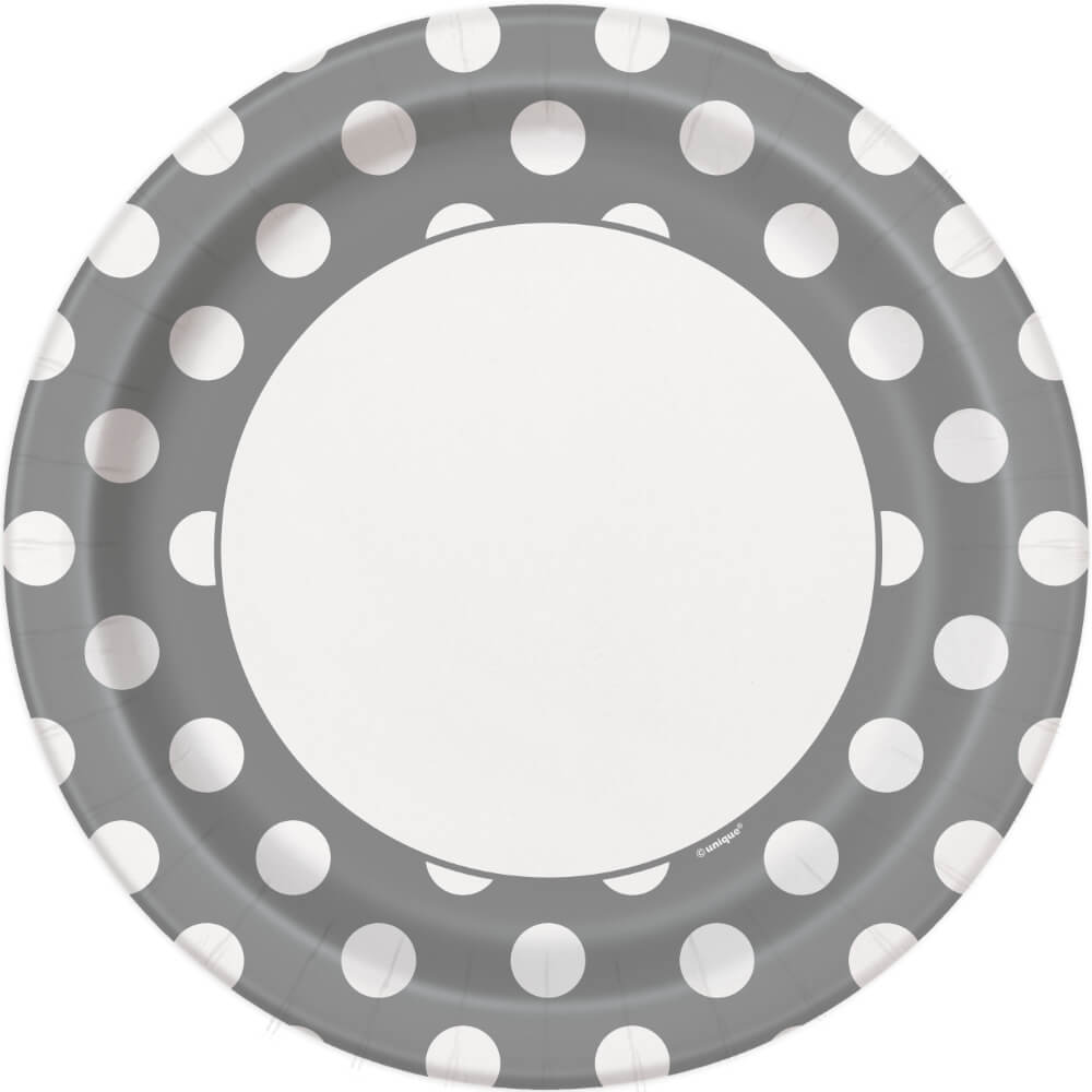 Round Dinner Plates 9in 8ct, Silver Dots 