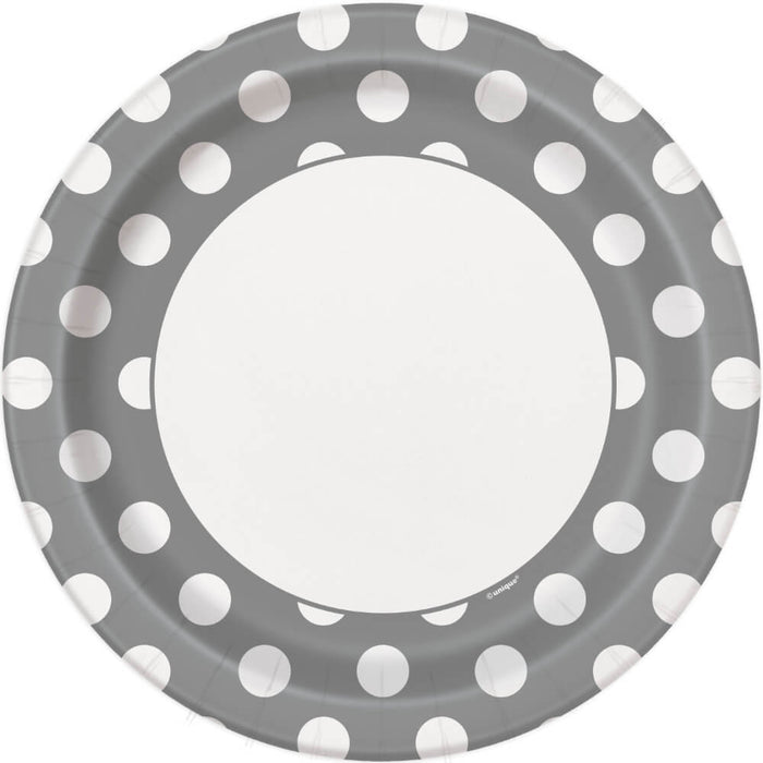 Round Dinner Plates 9in 8ct, Silver Dots 