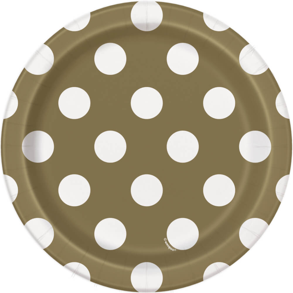 Round Dessert Plates 7in 8ct, Gold Dots 