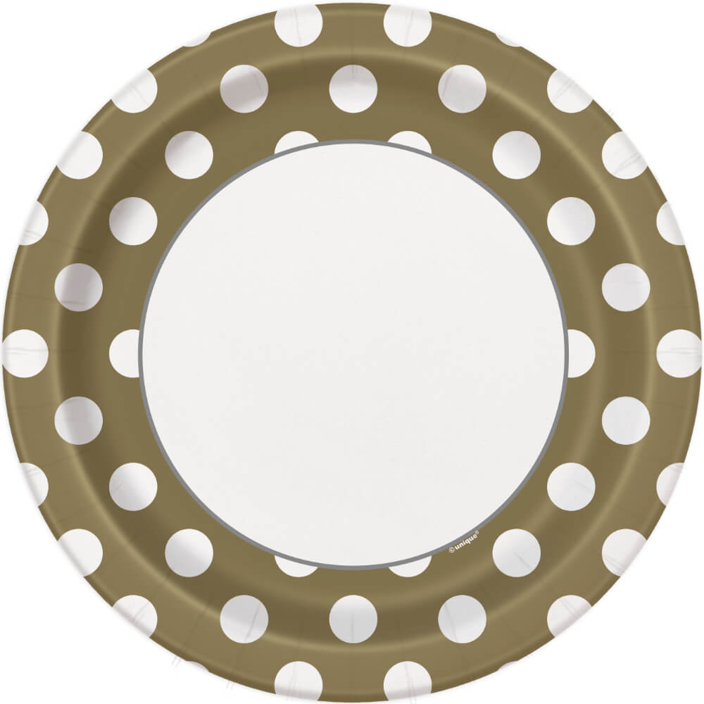 Round Dinner Plates 9in 8ct, Gold Dots 